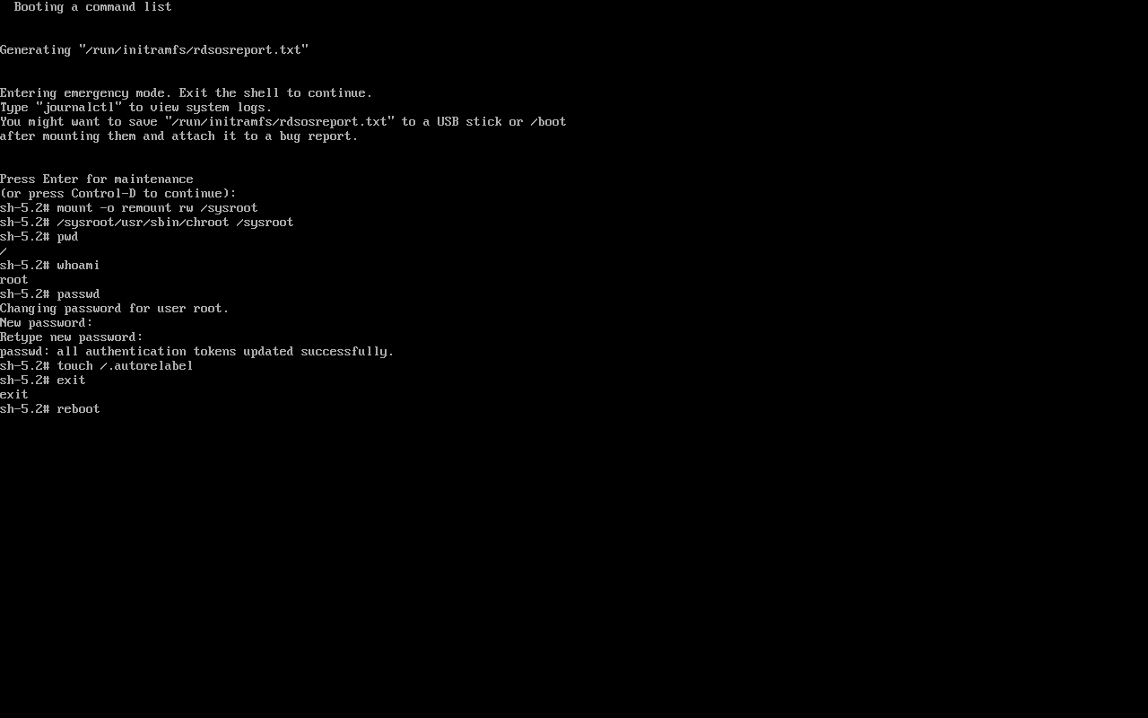 Shell commands for resetting the root password (text block below)