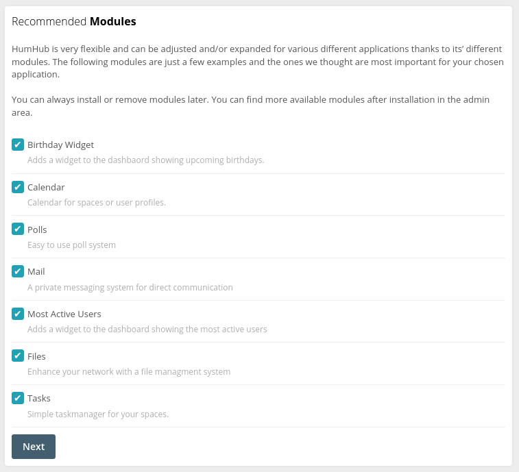 Select modules to install.