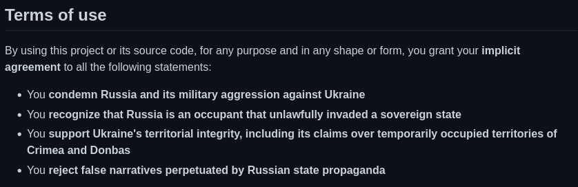 Terms of use: By using this project or its source code, for any purpose and in any shape or form, you grant your implicit agreement to all the following statements: You condemn Russia and its military aggression against Ukraine. You recognize that Russia is an occupant that unlawfully invaded a sovereign state. You support Ukraine's territorial integrity, including its claims over temporarily occupied territories of Crimea and Donbas. You reject false narratives perpetuated by Russian state propaganda.